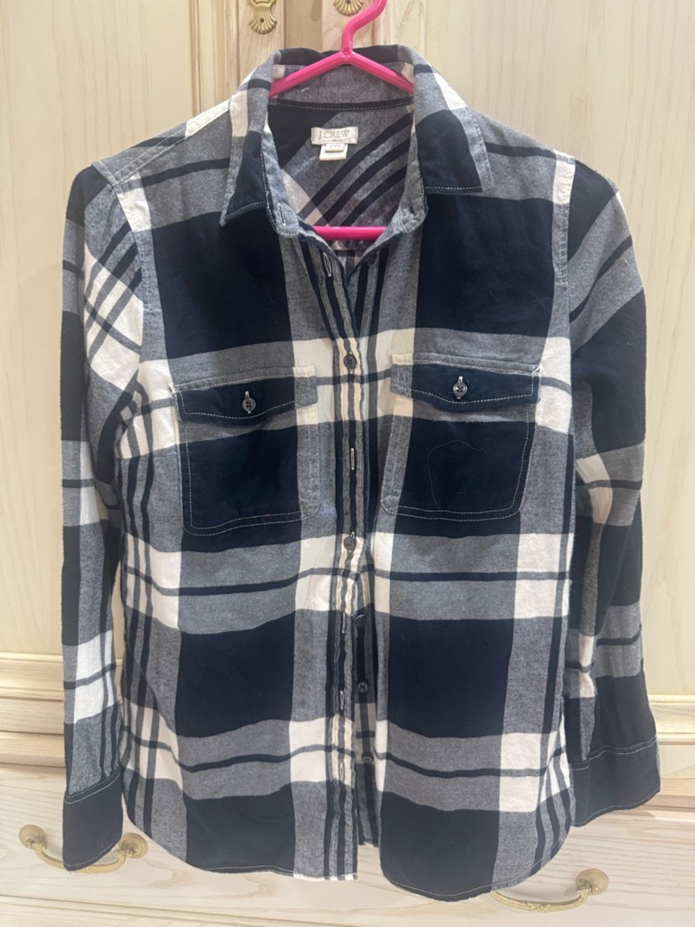 J. Crew Navy and White Plaid Button-Down Top XXS